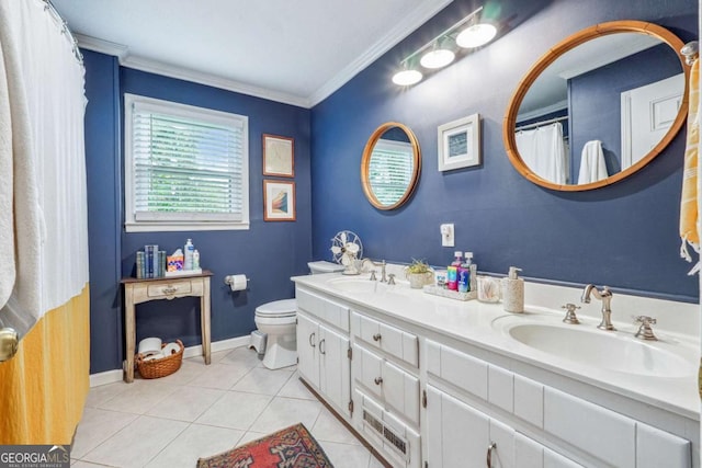 4442 Mclain Cir, Acworth, GA 30101 - full bathroom featuring toilet, double vanity, crown molding, tile patterned flooring, and baseboards