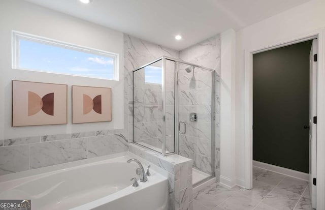 352 Foxglove Way, Mcdonough, GA 30253 - full bathroom with a garden tub, a stall shower, recessed lighting, and marble finish floors