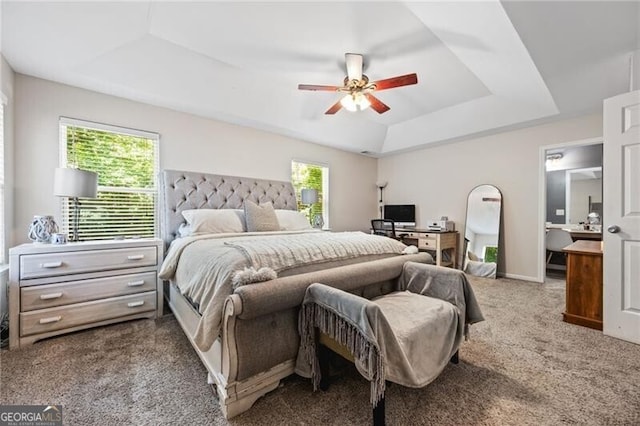 130 Nacoochee Way, Canton, GA 30114 - carpeted bedroom featuring a tray ceiling, multiple windows, and a ceiling fan