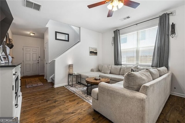 130 Nacoochee Way, Canton, GA 30114 - living area featuring ceiling fan, stairs, and dark wood-type flooring