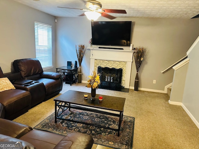 789 Winbrook Dr Unit 1, Mcdonough, GA 30253 - living area with carpet floors, ceiling fan, stairs, and a fireplace