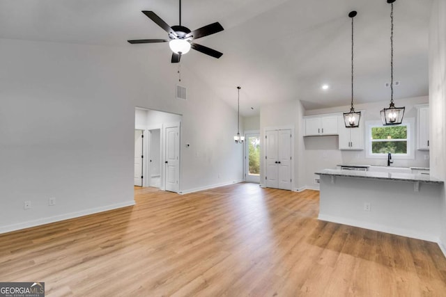 560 Coots Lake Rd, Rockmart, GA 30153 - unfurnished living room with ceiling fan, plenty of natural light, light wood-type flooring, and high vaulted ceiling