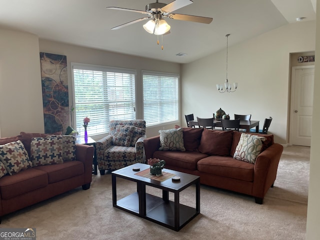 805 Pleasant Hill Rd NW Unit 53, Lilburn, GA 30047 - living area featuring light colored carpet, a chandelier, ceiling fan, and vaulted ceiling