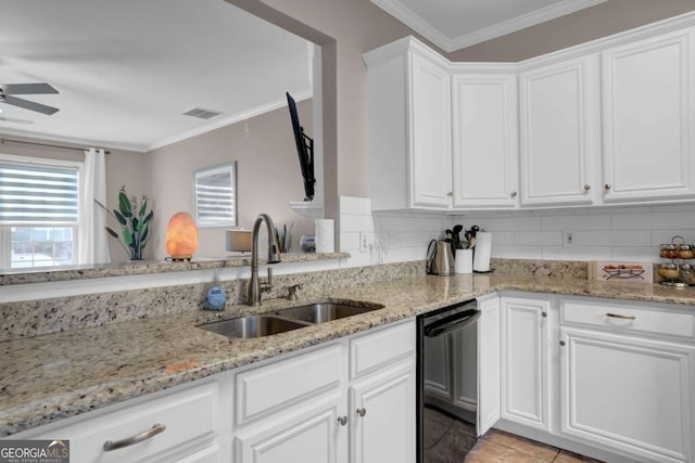 13300 Morris Rd Unit 62, Alpharetta, GA 30004 - kitchen featuring dishwasher, a sink, white cabinetry, ceiling fan, and backsplash