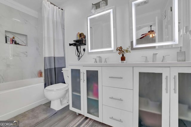 13300 Morris Rd Unit 62, Alpharetta, GA 30004 - full bathroom featuring toilet, double vanity, shower / tub combo, wood finished floors, and crown molding