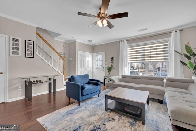 13300 Morris Rd Unit 62, Alpharetta, GA 30004 - living area with a ceiling fan, wood finished floors, stairs, ornamental molding, and baseboards