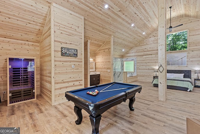 139 Maple Ridge Dr, Cleveland, GA 30528 - game room featuring high vaulted ceiling, wooden walls, billiards table, wood finished floors, and recessed lighting