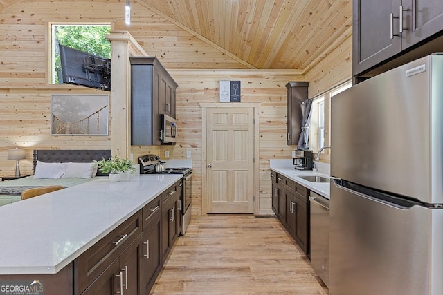 139 Maple Ridge Dr, Cleveland, GA 30528 - kitchen featuring stainless steel appliances, a sink, wooden ceiling, wooden walls, and lofted ceiling
