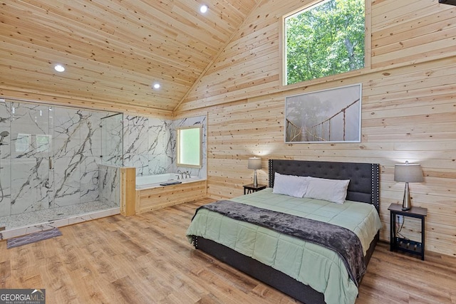 139 Maple Ridge Dr, Cleveland, GA 30528 - bedroom featuring high vaulted ceiling, wooden ceiling, recessed lighting, wooden walls, and wood finished floors