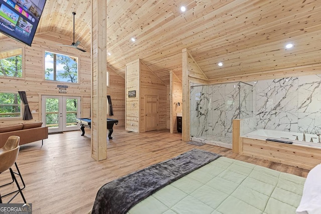 139 Maple Ridge Dr, Cleveland, GA 30528 - bedroom with wood ceiling, wooden walls, high vaulted ceiling, french doors, and wood finished floors