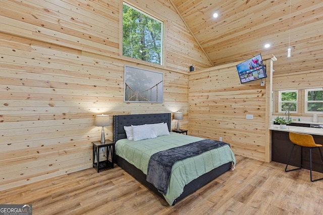 139 Maple Ridge Dr, Cleveland, GA 30528 - bedroom with wood ceiling, wood walls, recessed lighting, wood finished floors, and high vaulted ceiling