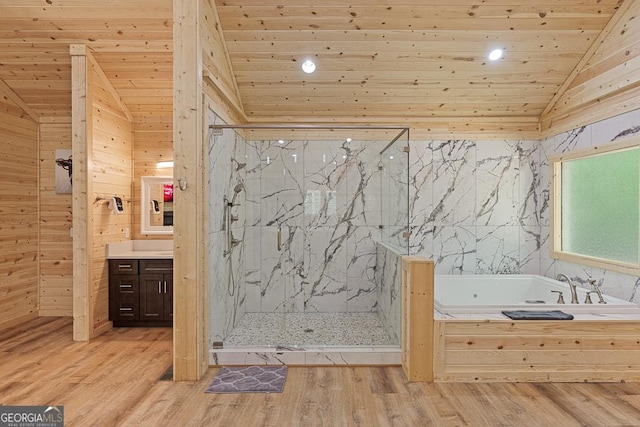 139 Maple Ridge Dr, Cleveland, GA 30528 - full bathroom with lofted ceiling, wood ceiling, a bath, a marble finish shower, and vanity