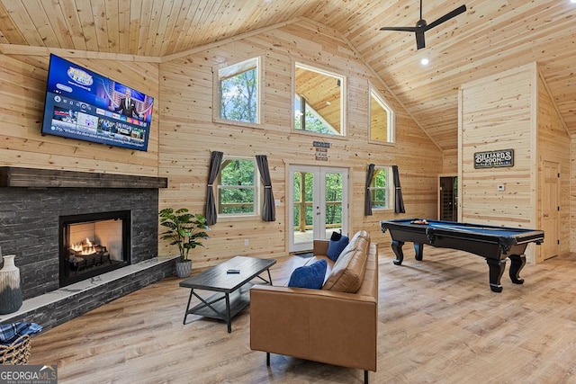 139 Maple Ridge Dr, Cleveland, GA 30528 - rec room with wooden walls, billiards table, wood ceiling, high vaulted ceiling, and a ceiling fan