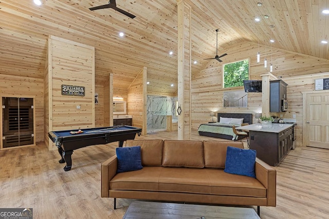 139 Maple Ridge Dr, Cleveland, GA 30528 - game room with high vaulted ceiling, ceiling fan, wooden ceiling, light wood-style floors, and billiards table