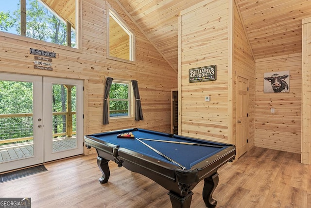 139 Maple Ridge Dr, Cleveland, GA 30528 - game room featuring wooden walls, pool table, french doors, wood finished floors, and wooden ceiling