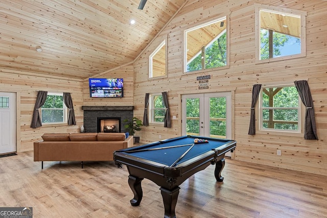 139 Maple Ridge Dr, Cleveland, GA 30528 - playroom featuring high vaulted ceiling, wooden walls, wood ceiling, a fireplace, and billiards table