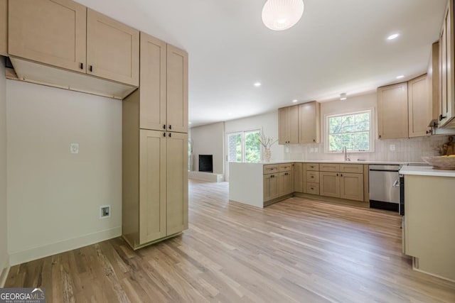 3350 Pine Meadow Rd NW, Atlanta, GA 30327 - kitchen featuring dishwasher, light wood finished floors, healthy amount of natural light, backsplash, and recessed lighting