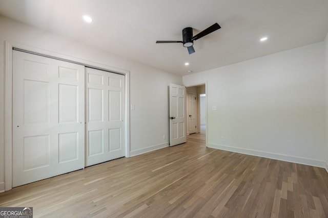 3350 Pine Meadow Rd NW, Atlanta, GA 30327 - unfurnished bedroom featuring light wood-style flooring, recessed lighting, a closet, and ceiling fan
