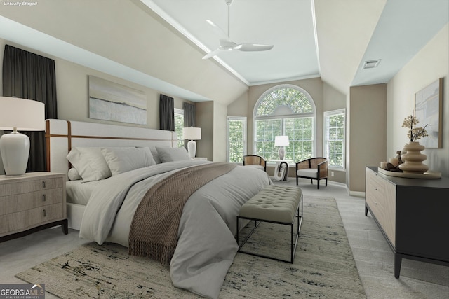 140 Longwater Cv, Roswell, GA 30075 - bedroom featuring light carpet, baseboards, lofted ceiling, and a ceiling fan