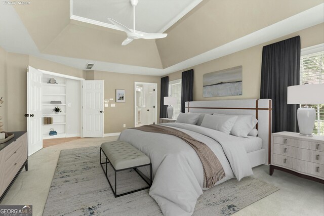 140 Longwater Cv, Roswell, GA 30075 - carpeted bedroom with connected bathroom, vaulted ceiling, and ceiling fan