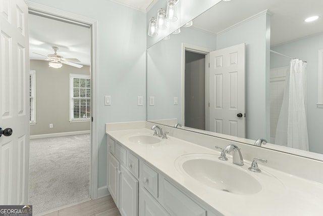 140 Longwater Cv, Roswell, GA 30075 - bathroom with ceiling fan, double vanity, ornamental molding, baseboards, and curtained shower