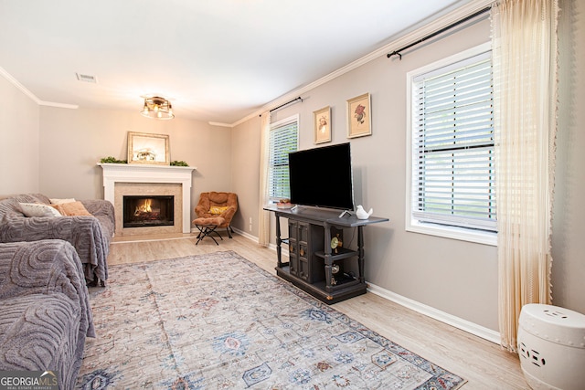 2022 Ramblewood Ct NE, Marietta, GA 30062 - living room featuring wood finished floors, crown molding, and a warm lit fireplace