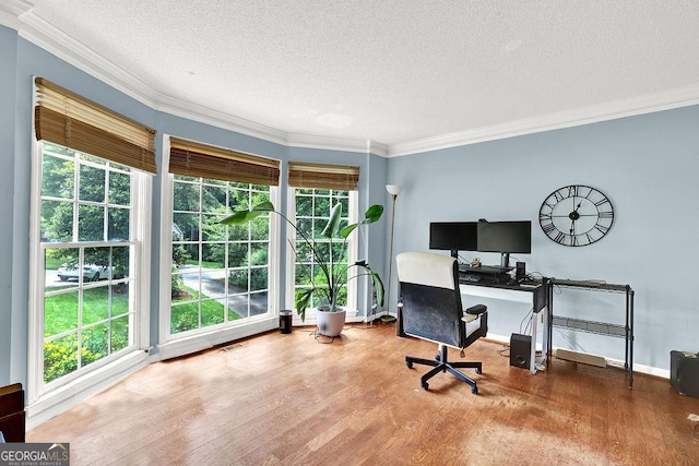 3897 Tanbark Ct, Marietta, GA 30066 - office area featuring a textured ceiling, plenty of natural light, wood finished floors, and crown molding