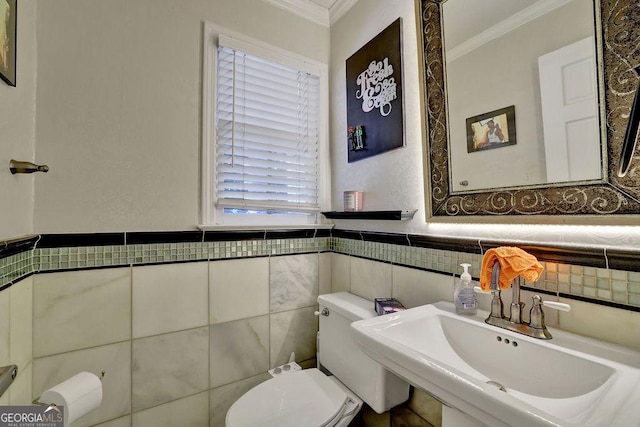 3897 Tanbark Ct, Marietta, GA 30066 - half bath with ornamental molding, tile walls, plenty of natural light, and a wainscoted wall