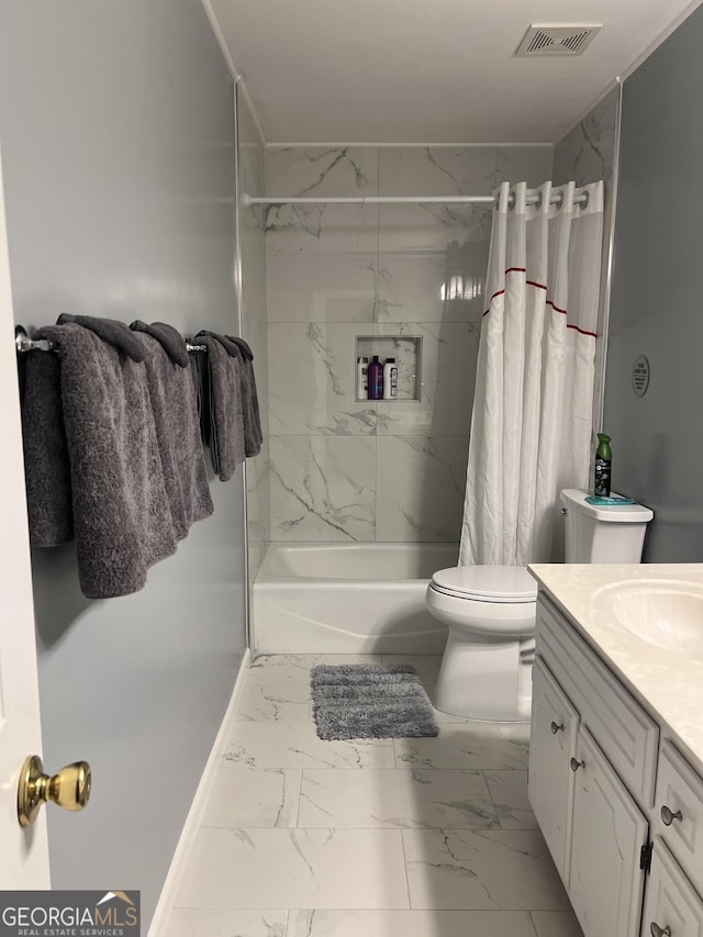30 Highlands Ln, Oxford, GA 30054 - bathroom featuring marble look tiles, vanity, toilet, and shower / bathtub combination with curtain