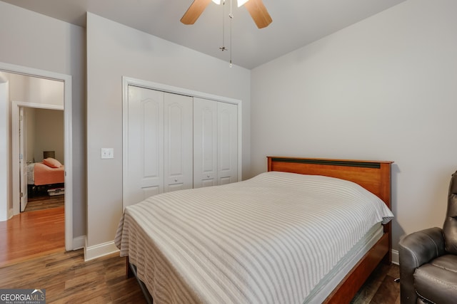 1860 Old W Broad St, Athens, GA 30606 - bedroom featuring wood finished floors, a closet, baseboards, and ceiling fan