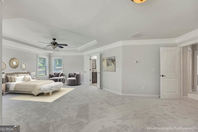 1231 Fawndale Dr NW, Kennesaw, GA 30152 - bedroom featuring ornamental molding, carpet flooring, a raised ceiling, ceiling fan, and ensuite bathroom