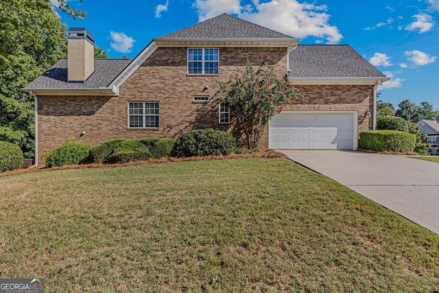 1500 Royce Dr, Locust Grove, GA 30248 - view of front of house featuring concrete driveway, brick siding, a front lawn, and a chimney