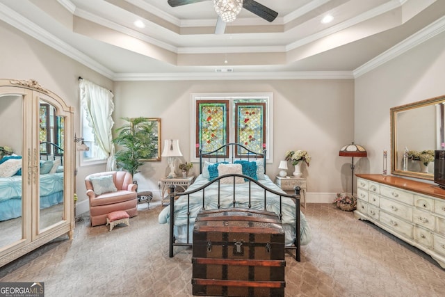 332 Rosshandler Rd, Suwanee, GA 30024 - carpeted bedroom featuring ornamental molding, recessed lighting, a tray ceiling, and baseboards