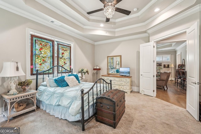 332 Rosshandler Rd, Suwanee, GA 30024 - bedroom with crown molding, a raised ceiling, recessed lighting, baseboards, and ceiling fan
