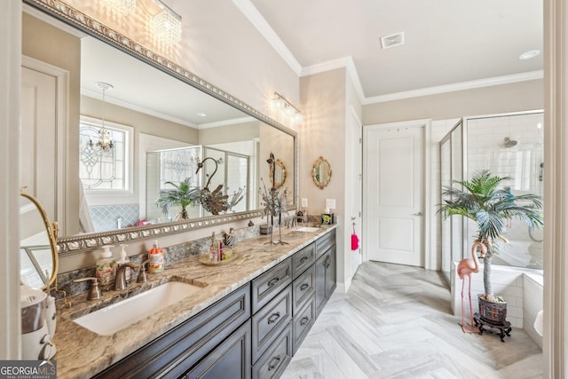 332 Rosshandler Rd, Suwanee, GA 30024 - full bath with double vanity, a shower stall, crown molding, and a chandelier