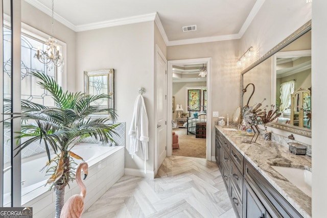 332 Rosshandler Rd, Suwanee, GA 30024 - ensuite bathroom featuring double vanity, a chandelier, ornamental molding, baseboards, and a tub