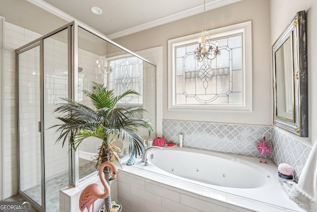 332 Rosshandler Rd, Suwanee, GA 30024 - full bath with a chandelier, a tub with jets, a stall shower, and crown molding