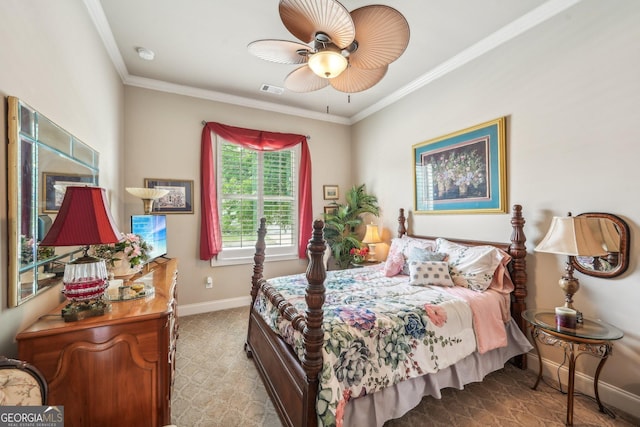 332 Rosshandler Rd, Suwanee, GA 30024 - bedroom with baseboards, crown molding, carpet, and ceiling fan
