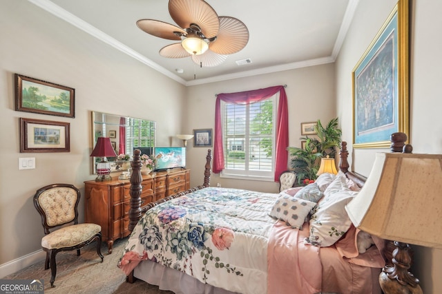 332 Rosshandler Rd, Suwanee, GA 30024 - bedroom featuring crown molding, baseboards, and ceiling fan