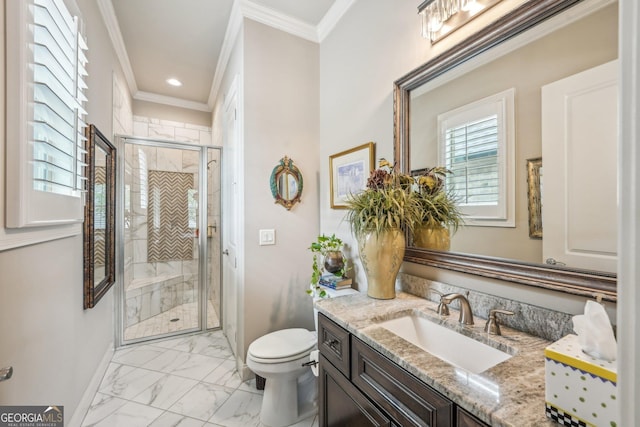 332 Rosshandler Rd, Suwanee, GA 30024 - bathroom with marble look tile flooring, toilet, vanity, a stall shower, and ornamental molding