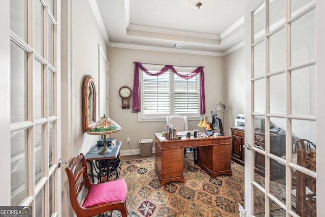 332 Rosshandler Rd, Suwanee, GA 30024 - office featuring french doors, ornamental molding, a raised ceiling, and baseboards