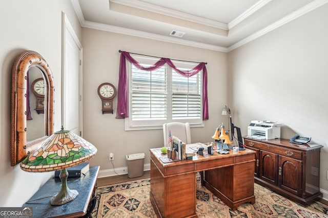 332 Rosshandler Rd, Suwanee, GA 30024 - home office featuring wood finished floors, ornamental molding, a tray ceiling, and baseboards