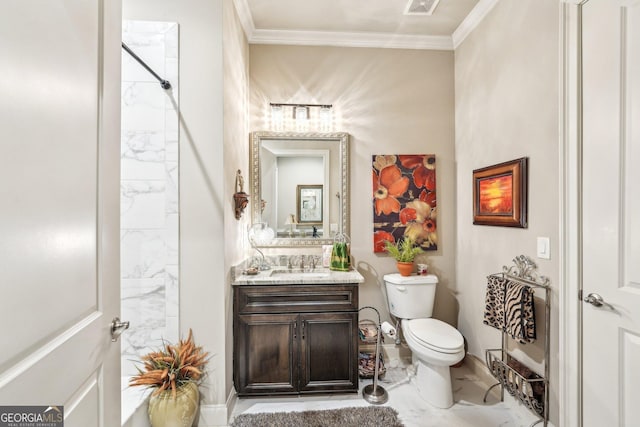 332 Rosshandler Rd, Suwanee, GA 30024 - bathroom with marble look tile flooring, toilet, vanity, ornamental molding, and baseboards