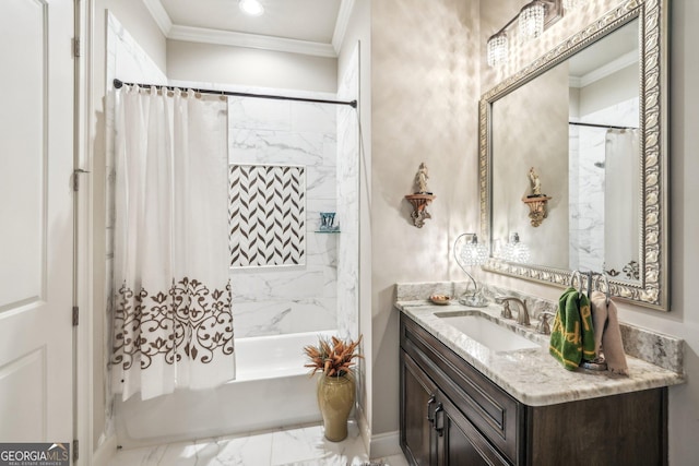 332 Rosshandler Rd, Suwanee, GA 30024 - bathroom with ornamental molding, vanity, marble finish flooring, and shower / bath combo with shower curtain