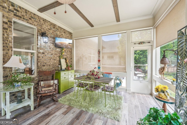 332 Rosshandler Rd, Suwanee, GA 30024 - sunroom / solarium with brick wall, wood finished floors, and ornamental molding