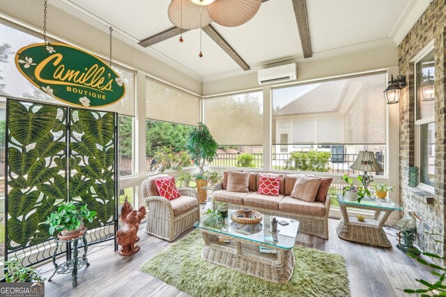 332 Rosshandler Rd, Suwanee, GA 30024 - sunroom / solarium with a wall mounted AC, a ceiling fan, wood-type flooring, healthy amount of natural light, and crown molding