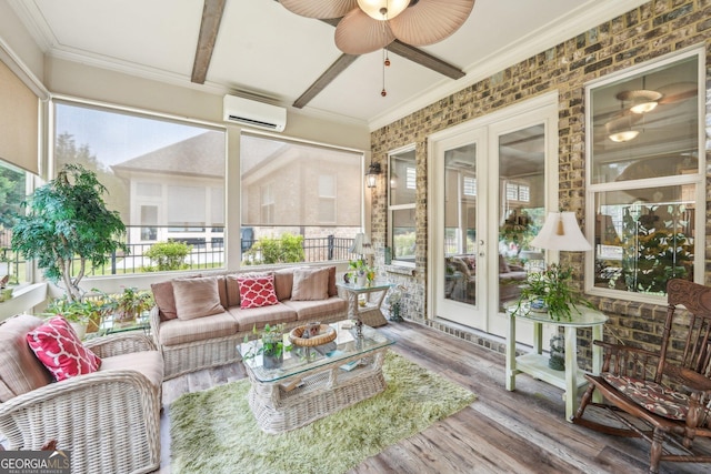 332 Rosshandler Rd, Suwanee, GA 30024 - sunroom / solarium featuring a ceiling fan, french doors, a wall mounted AC, wood finished floors, and crown molding
