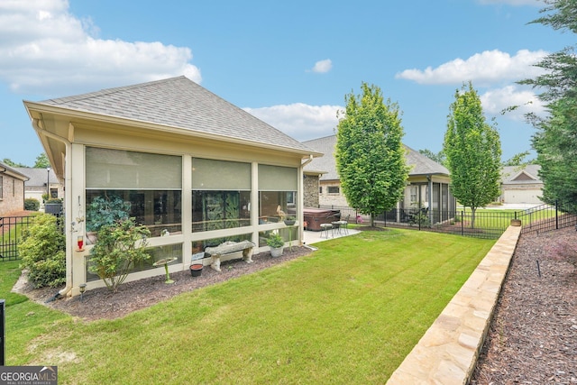 332 Rosshandler Rd, Suwanee, GA 30024 - rear view of house featuring a hot tub, a sunroom, and roof with shingles