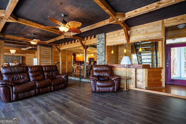 230 Kelly Dr, Hamilton, GA 31811 - living area with wood walls, ceiling fan, hardwood / wood-style floors, and wooden ceiling with exposed beams