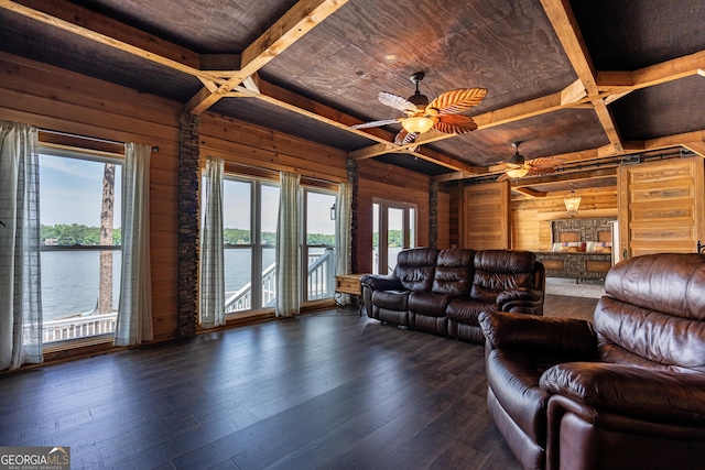 230 Kelly Dr, Hamilton, GA 31811 - living area featuring wood walls, coffered ceiling, ceiling fan, wood-type flooring, and a water view